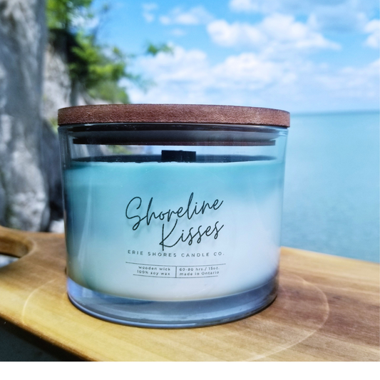 Marbled Shoreline Kisses Soy Wax Wooden Wick 15oz Candle